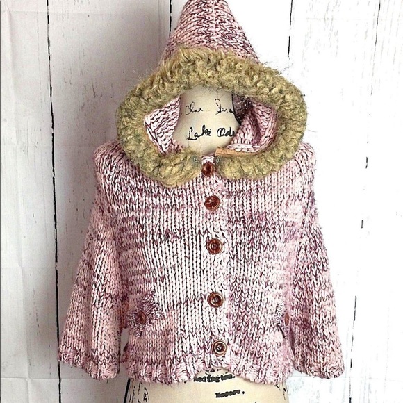 Sweaters - Pink Sweater Cropped Cardigan Faux Fur Trim Hood